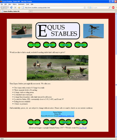 Screenshot: Equus Stables webpage